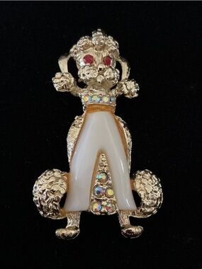 Vintage Gold Tone Poodle Brooch with White Enamel & Aurora Rhinestones